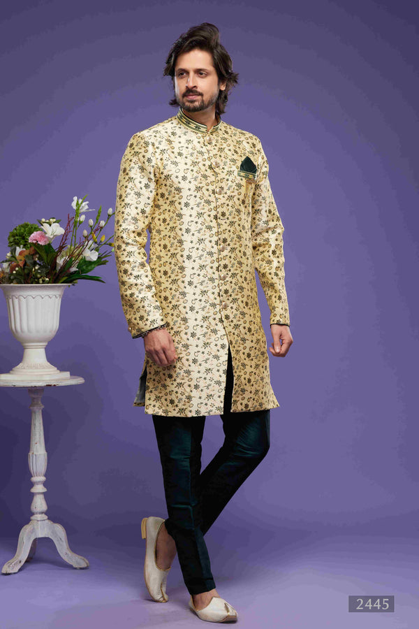 Raivat Ethnic Banarasi Jacquard Embroidery Semi Indo Western Sherwani In Gold Colour