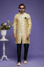 Thumbnail for Raivat Ethnic Banarasi Jacquard Embroidery Semi Indo Western Sherwani In Gold Colour