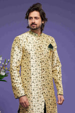 Thumbnail for Raivat Ethnic Banarasi Jacquard Embroidery Semi Indo Western Sherwani In Gold Colour