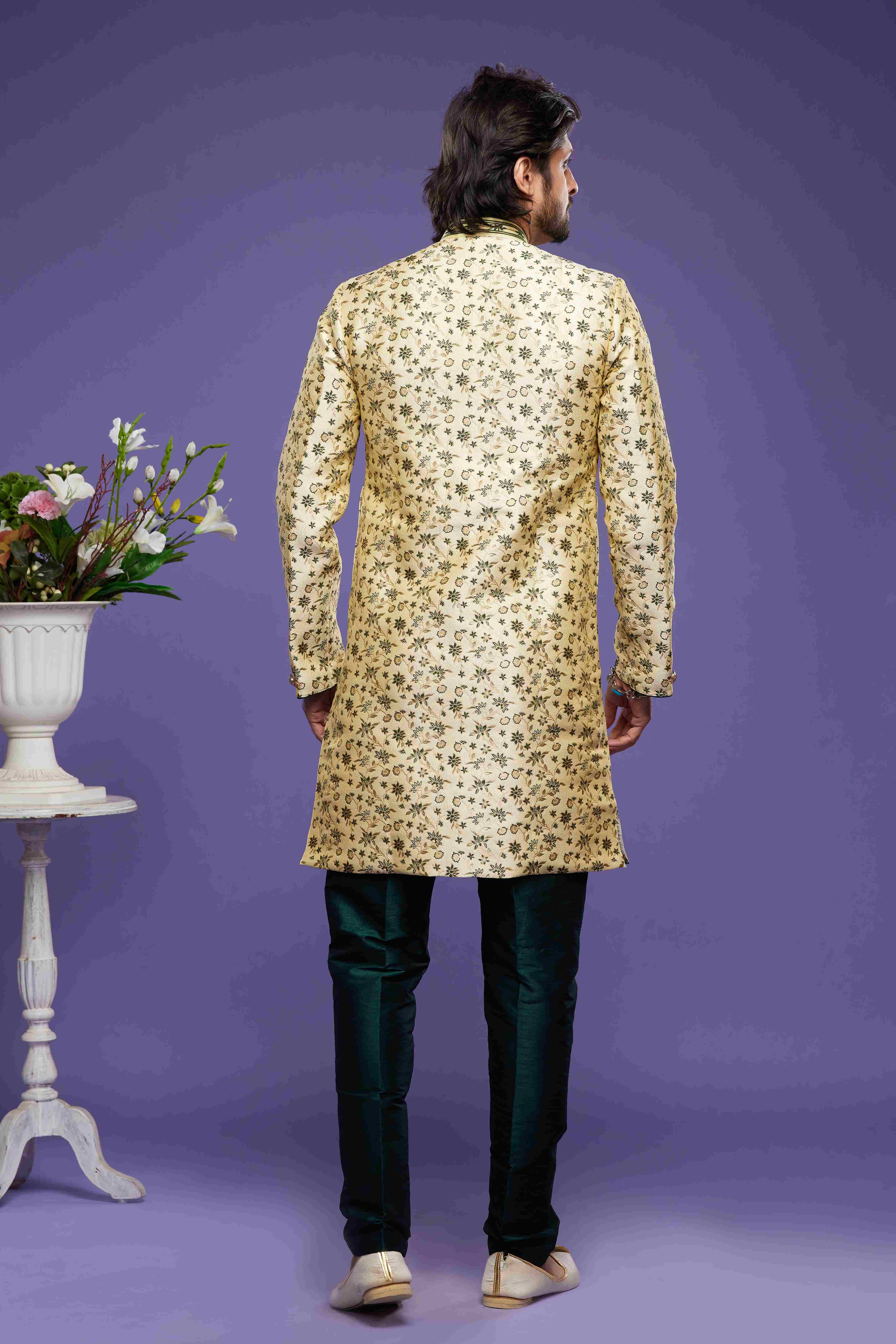 Raivat Ethnic Banarasi Jacquard Embroidery Semi Indo Western Sherwani In Gold Colour