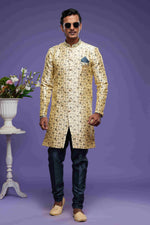 Thumbnail for Raivat Ethnic Banarasi Jacquard Embroidery Semi Indo Western Sherwani In Gold Colour
