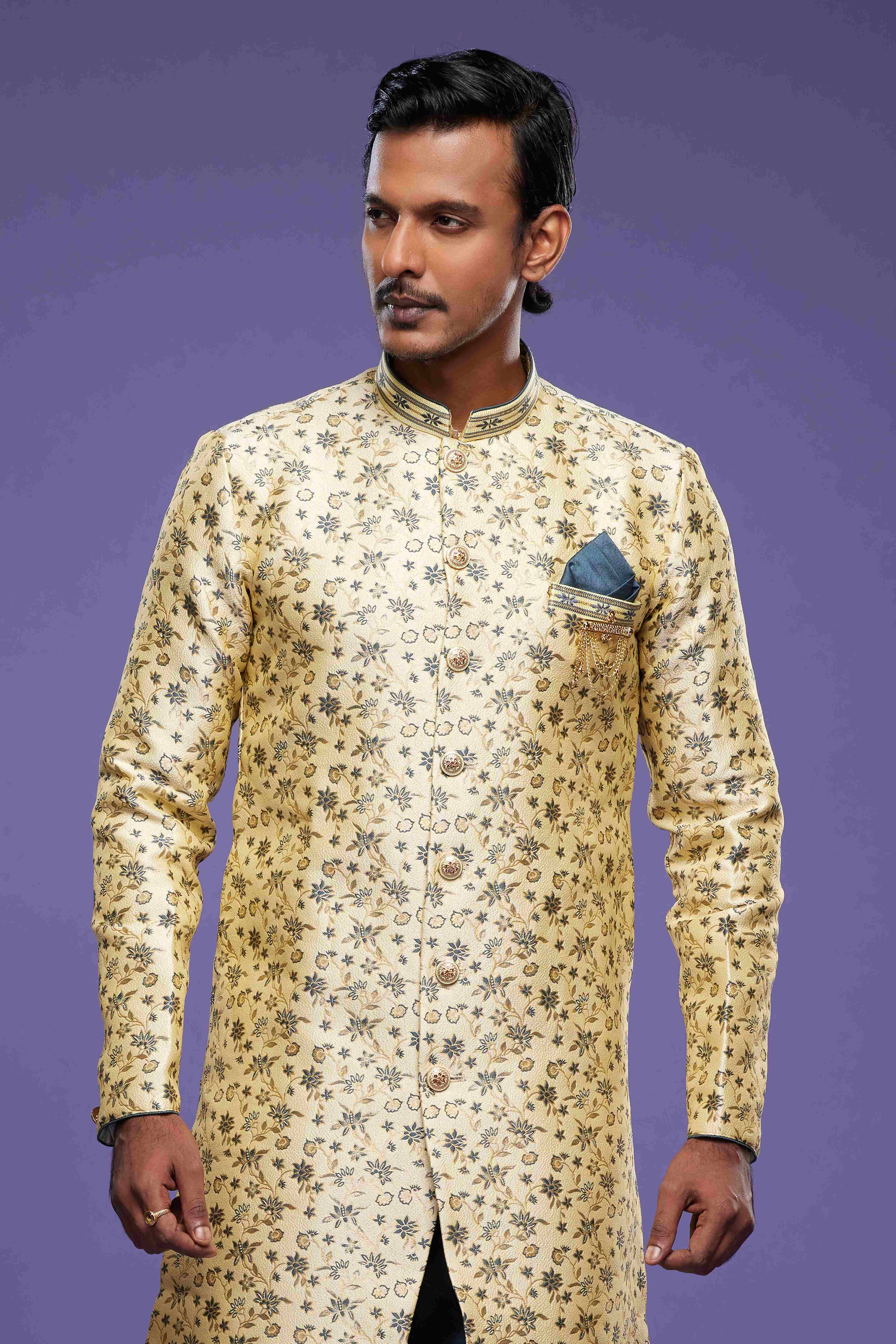 Raivat Ethnic Banarasi Jacquard Embroidery Semi Indo Western Sherwani In Gold Colour