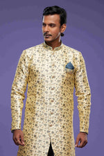 Thumbnail for Raivat Ethnic Banarasi Jacquard Embroidery Semi Indo Western Sherwani In Gold Colour