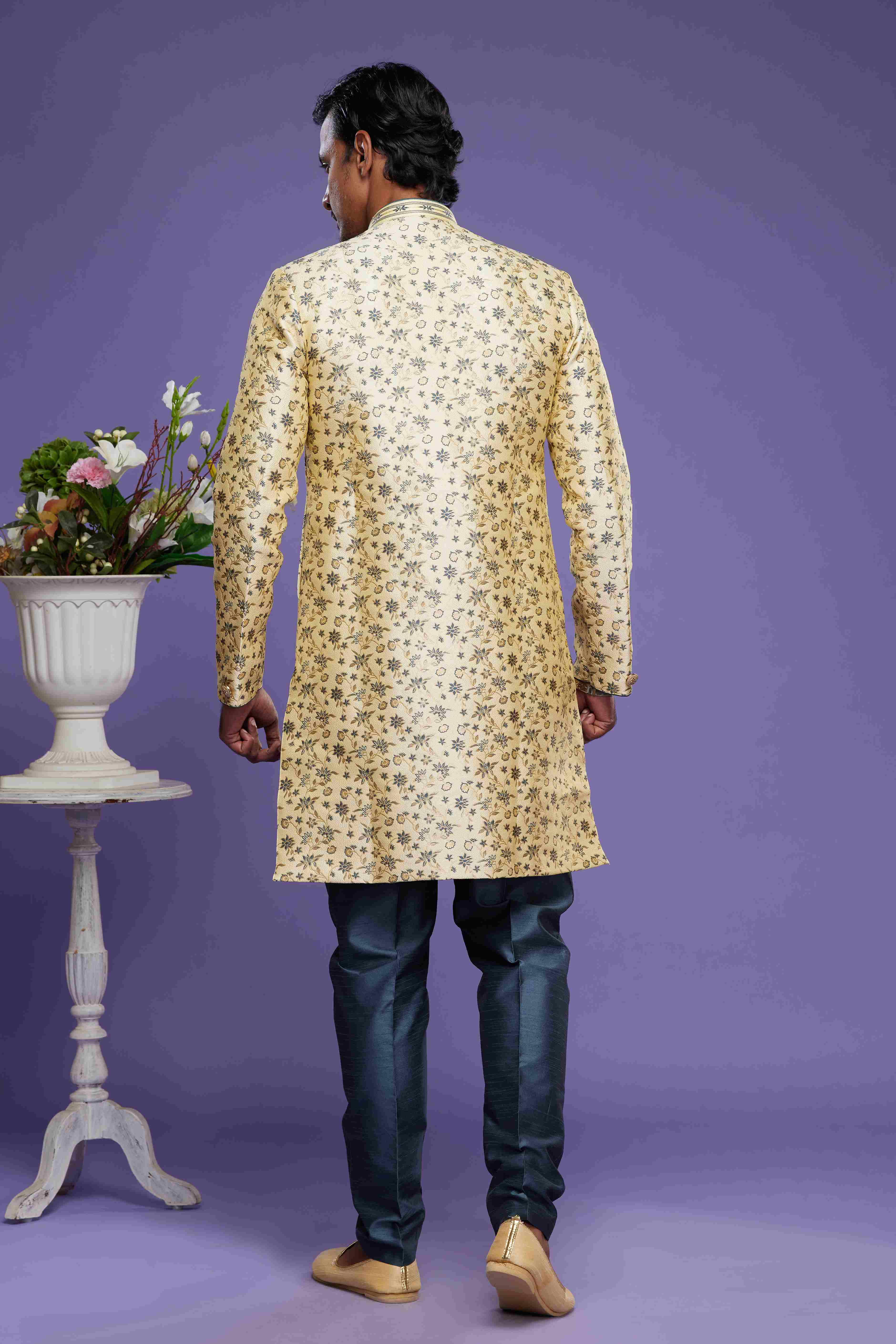 Raivat Ethnic Banarasi Jacquard Embroidery Semi Indo Western Sherwani In Gold Colour