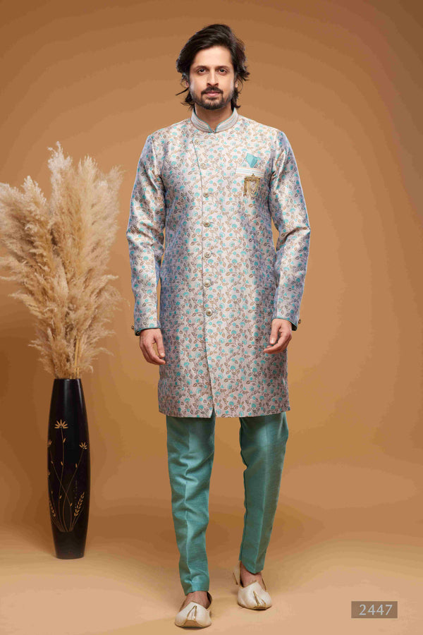 Raivat Ethnic Banarasi Jacquard Embroidery Semi Indo Western Sherwani In Grey Colour