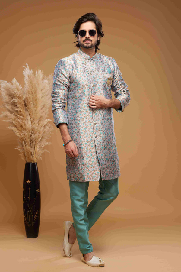 Raivat Ethnic Banarasi Jacquard Embroidery Semi Indo Western Sherwani In Grey Colour