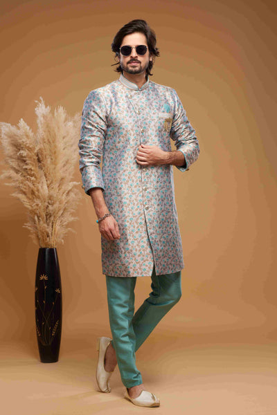 Raivat Ethnic Banarasi Jacquard Embroidery Semi Indo Western Sherwani In Grey Colour