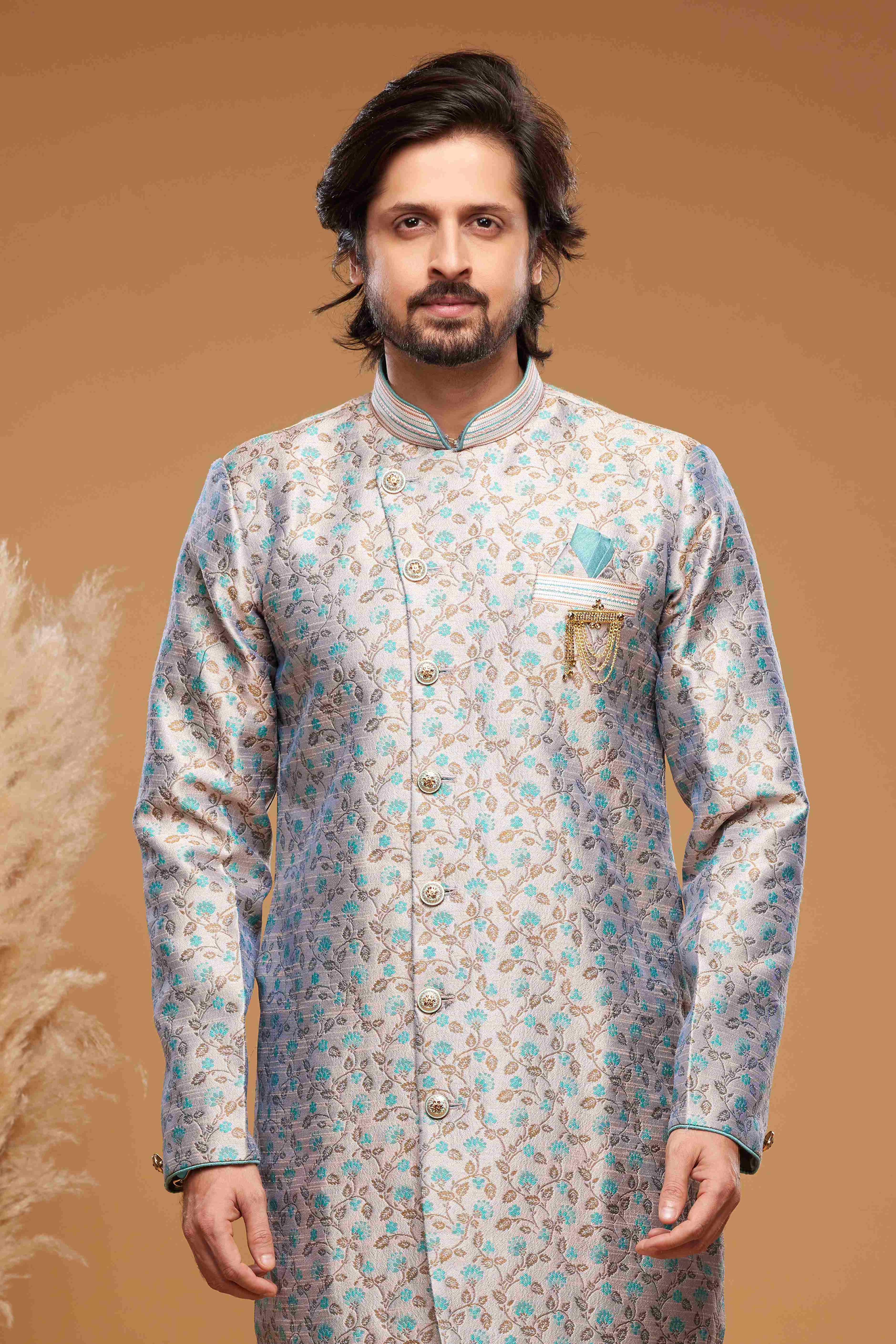 Raivat Ethnic Banarasi Jacquard Embroidery Semi Indo Western Sherwani In Grey Colour