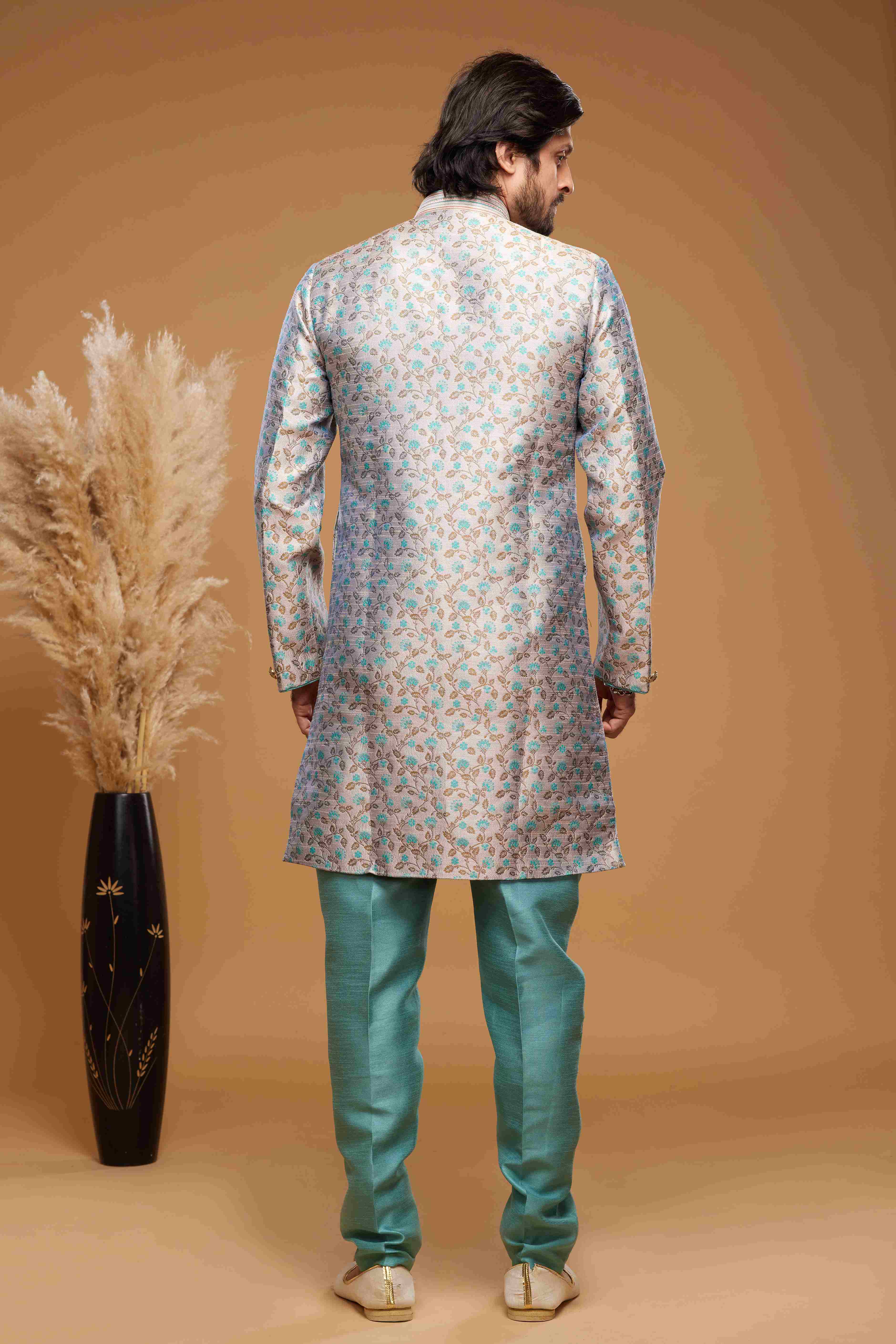 Raivat Ethnic Banarasi Jacquard Embroidery Semi Indo Western Sherwani In Grey Colour
