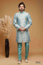 Thumbnail for Raivat Ethnic Banarasi Jacquard Embroidery Semi Indo Western Sherwani In Sky Blue Colour
