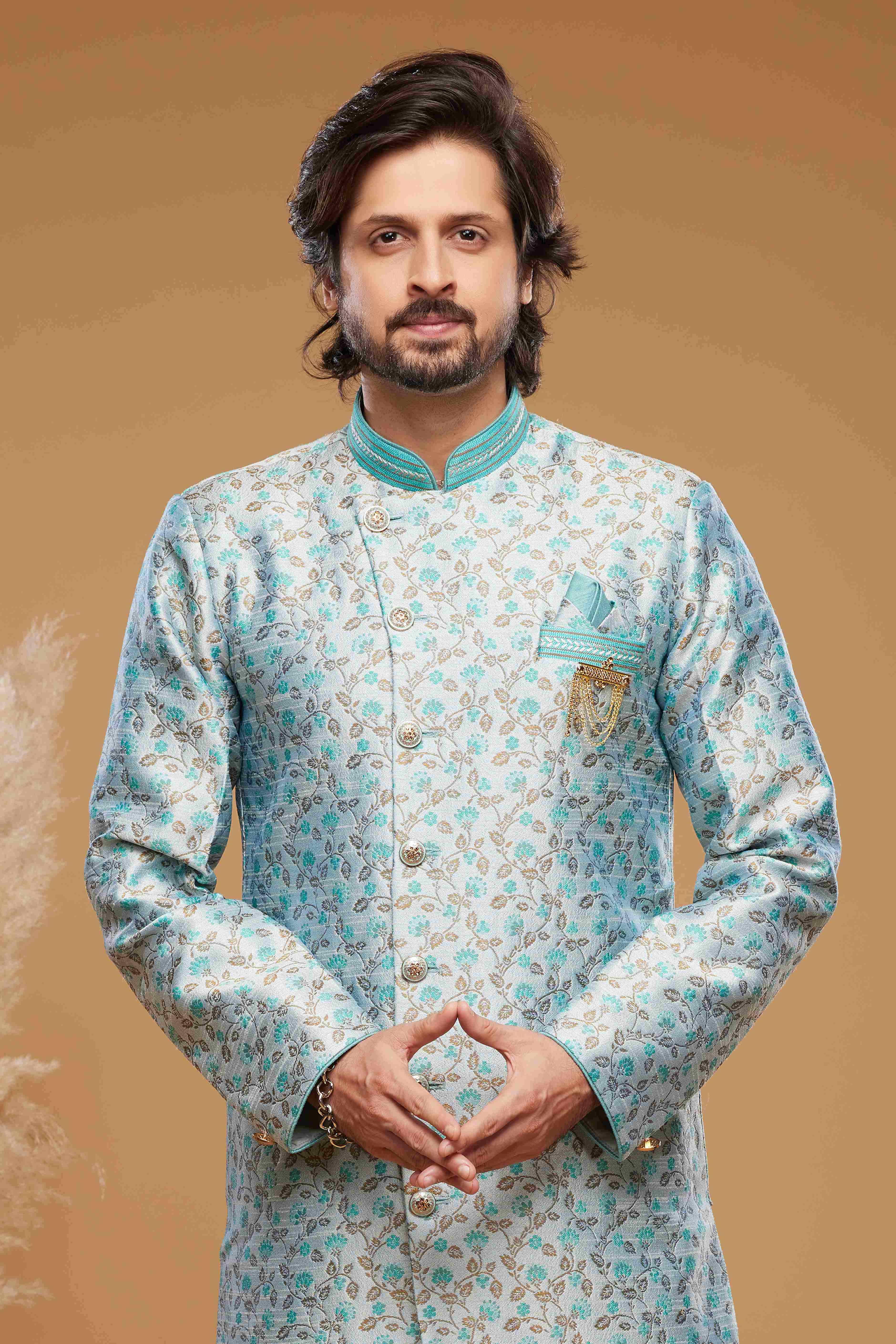 Raivat Ethnic Banarasi Jacquard Embroidery Semi Indo Western Sherwani In Sky Blue Colour