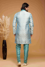 Thumbnail for Raivat Ethnic Banarasi Jacquard Embroidery Semi Indo Western Sherwani In Sky Blue Colour