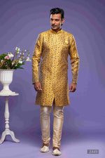 Thumbnail for Raivat Ethnic Banarasi Jacquard Embroidery Semi Indo Western Sherwani In Gold Colour