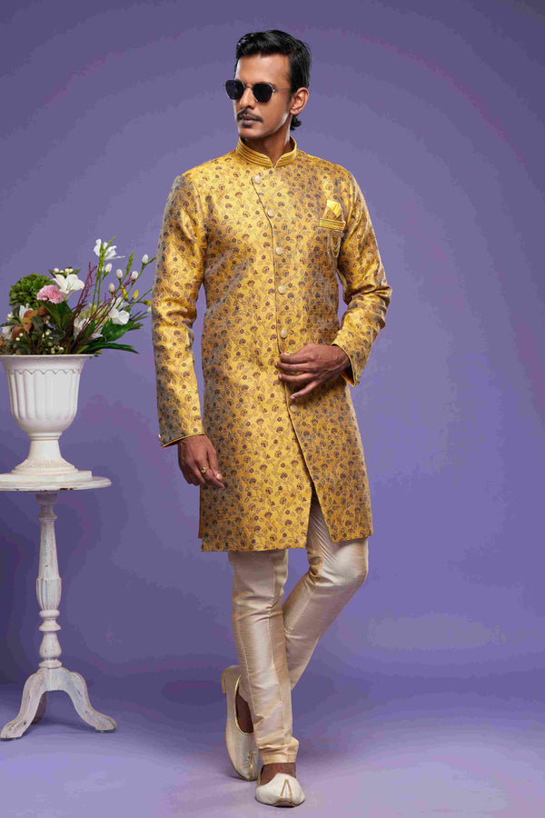 Raivat Ethnic Banarasi Jacquard Embroidery Semi Indo Western Sherwani In Gold Colour