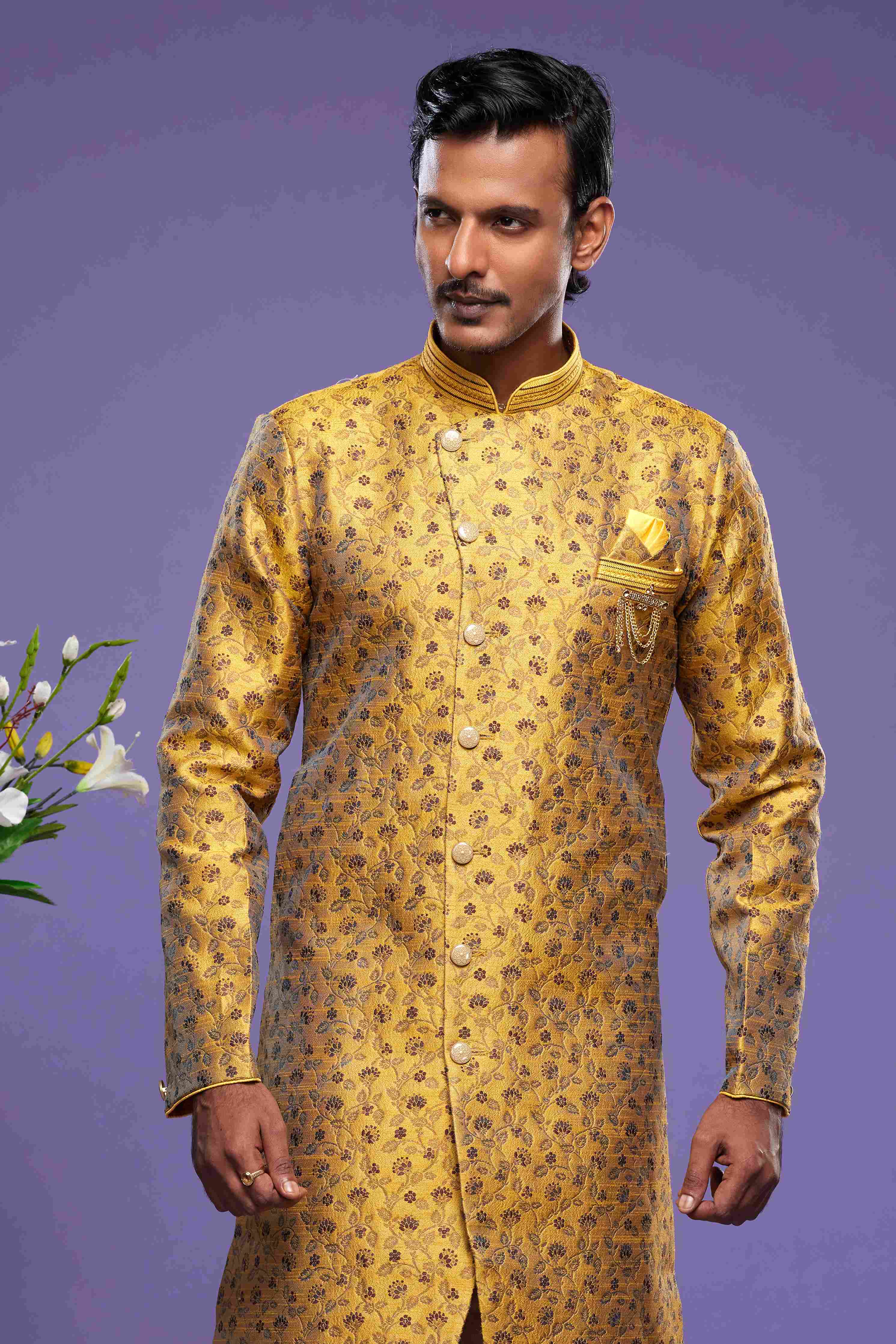 Raivat Ethnic Banarasi Jacquard Embroidery Semi Indo Western Sherwani In Gold Colour