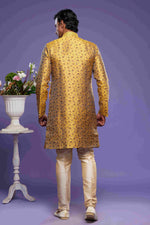 Thumbnail for Raivat Ethnic Banarasi Jacquard Embroidery Semi Indo Western Sherwani In Gold Colour