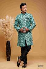 Thumbnail for Raivat Ethnic Banarasi Jacquard Embroidery Semi Indo Western Sherwani In Green Colour