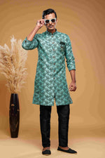 Thumbnail for Raivat Ethnic Banarasi Jacquard Embroidery Semi Indo Western Sherwani In Green Colour