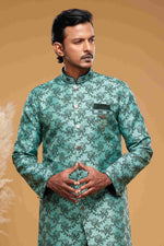 Thumbnail for Raivat Ethnic Banarasi Jacquard Embroidery Semi Indo Western Sherwani In Green Colour
