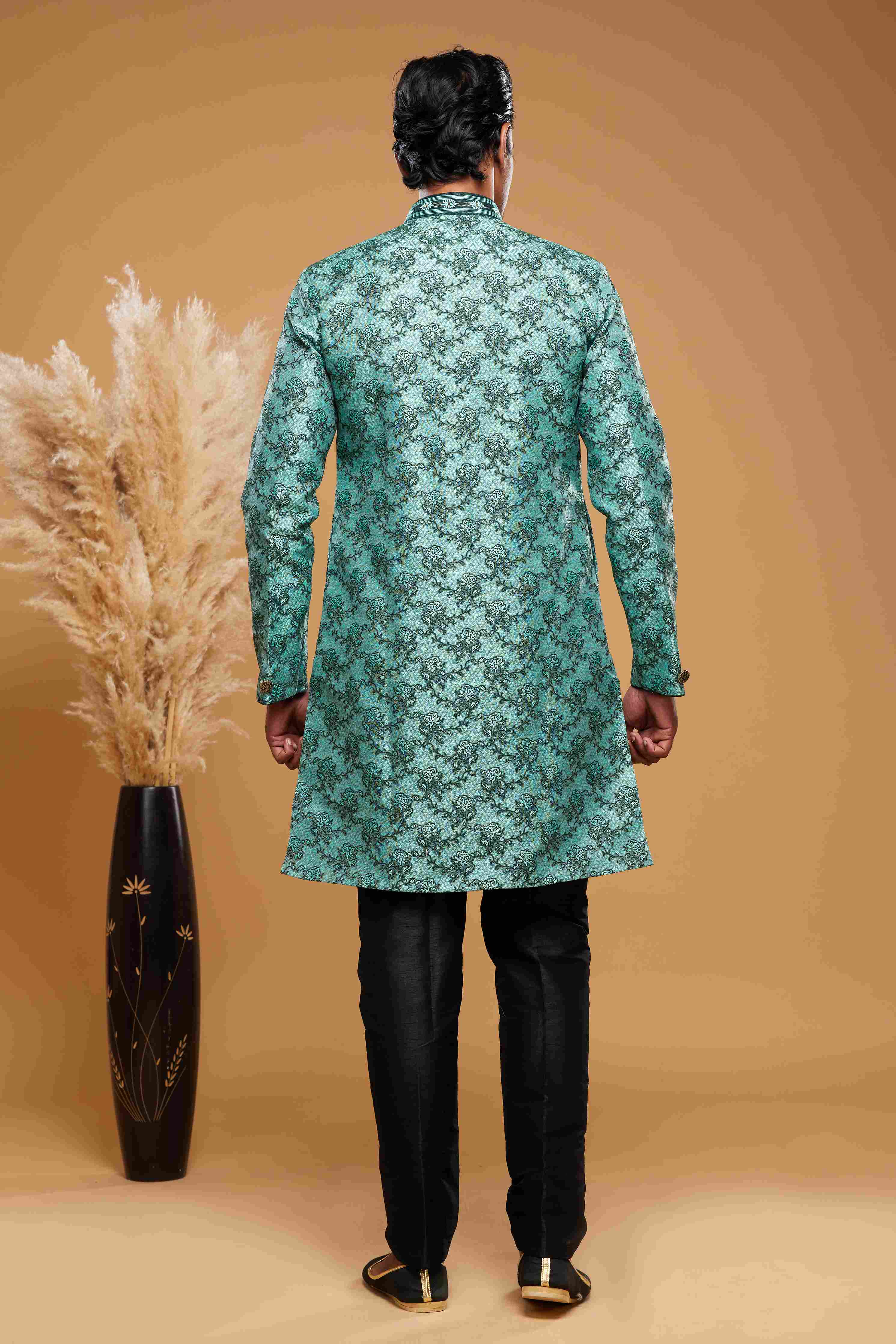 Raivat Ethnic Banarasi Jacquard Embroidery Semi Indo Western Sherwani In Green Colour