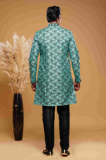 Thumbnail for Raivat Ethnic Banarasi Jacquard Embroidery Semi Indo Western Sherwani In Green Colour
