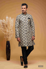 Thumbnail for Raivat Ethnic Banarasi Jacquard Embroidery Semi Indo Western Sherwani In Beige Black Colour
