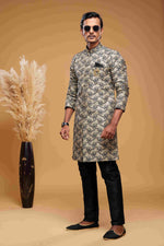 Thumbnail for Raivat Ethnic Banarasi Jacquard Embroidery Semi Indo Western Sherwani In Beige Black Colour