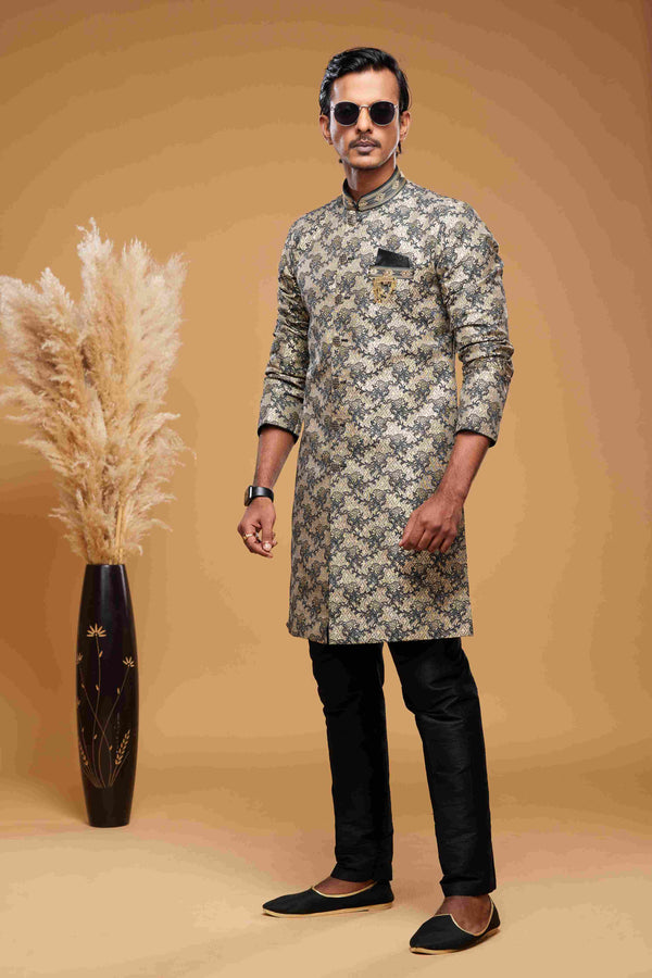 Raivat Ethnic Banarasi Jacquard Embroidery Semi Indo Western Sherwani In Beige Black Colour