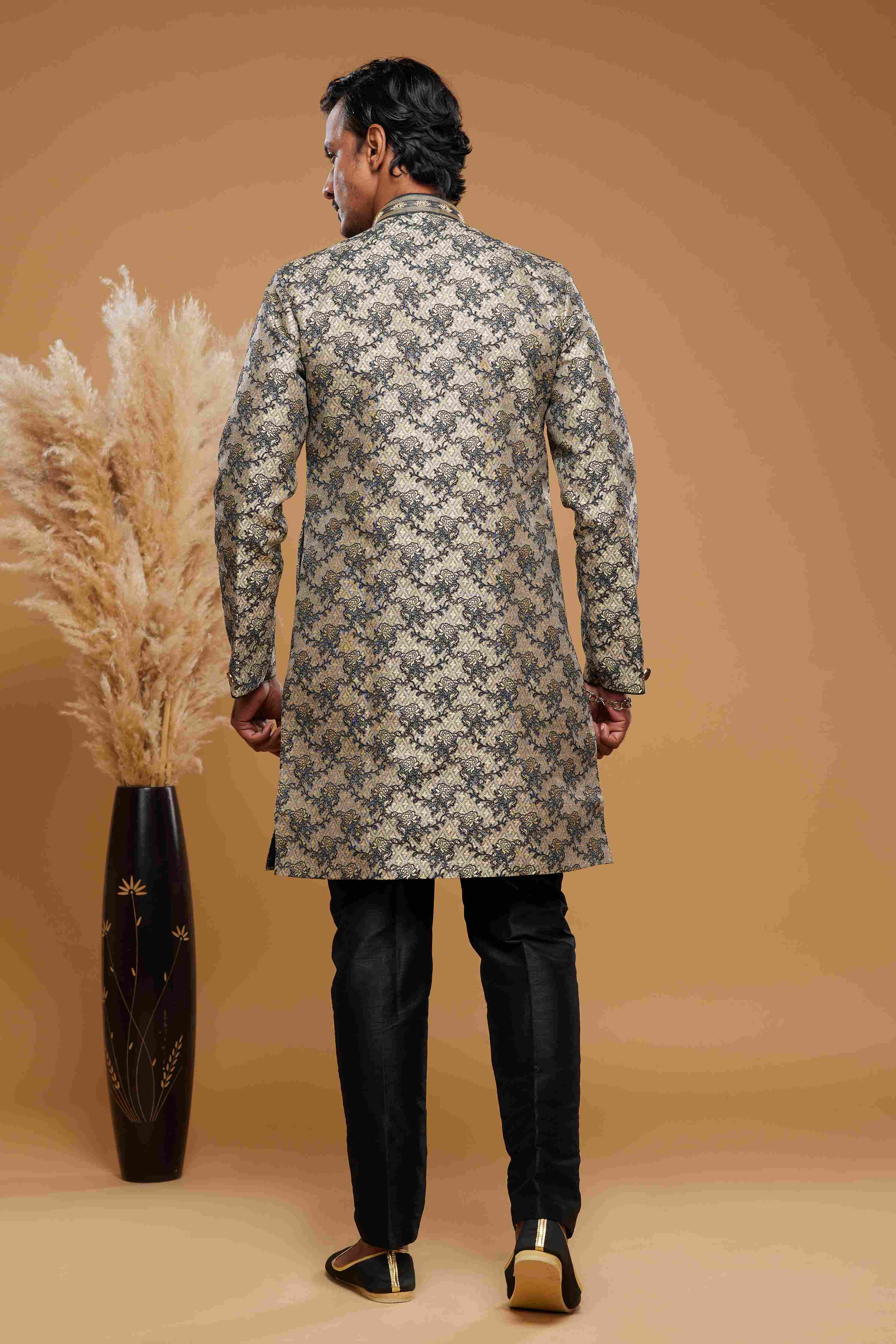 Raivat Ethnic Banarasi Jacquard Embroidery Semi Indo Western Sherwani In Beige Black Colour