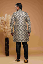 Thumbnail for Raivat Ethnic Banarasi Jacquard Embroidery Semi Indo Western Sherwani In Beige Black Colour