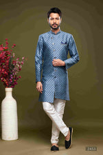 Thumbnail for Raivat Ethnic Banarasi Jacquard Embroidery Semi Indo Western Sherwani In Blue Colour
