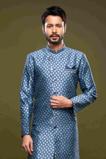 Thumbnail for Raivat Ethnic Banarasi Jacquard Embroidery Semi Indo Western Sherwani In Blue Colour