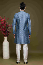 Thumbnail for Raivat Ethnic Banarasi Jacquard Embroidery Semi Indo Western Sherwani In Blue Colour