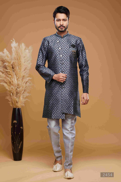 Raivat Ethnic Banarasi Jacquard Embroidery Semi Indo Western Sherwani In Blue Colour