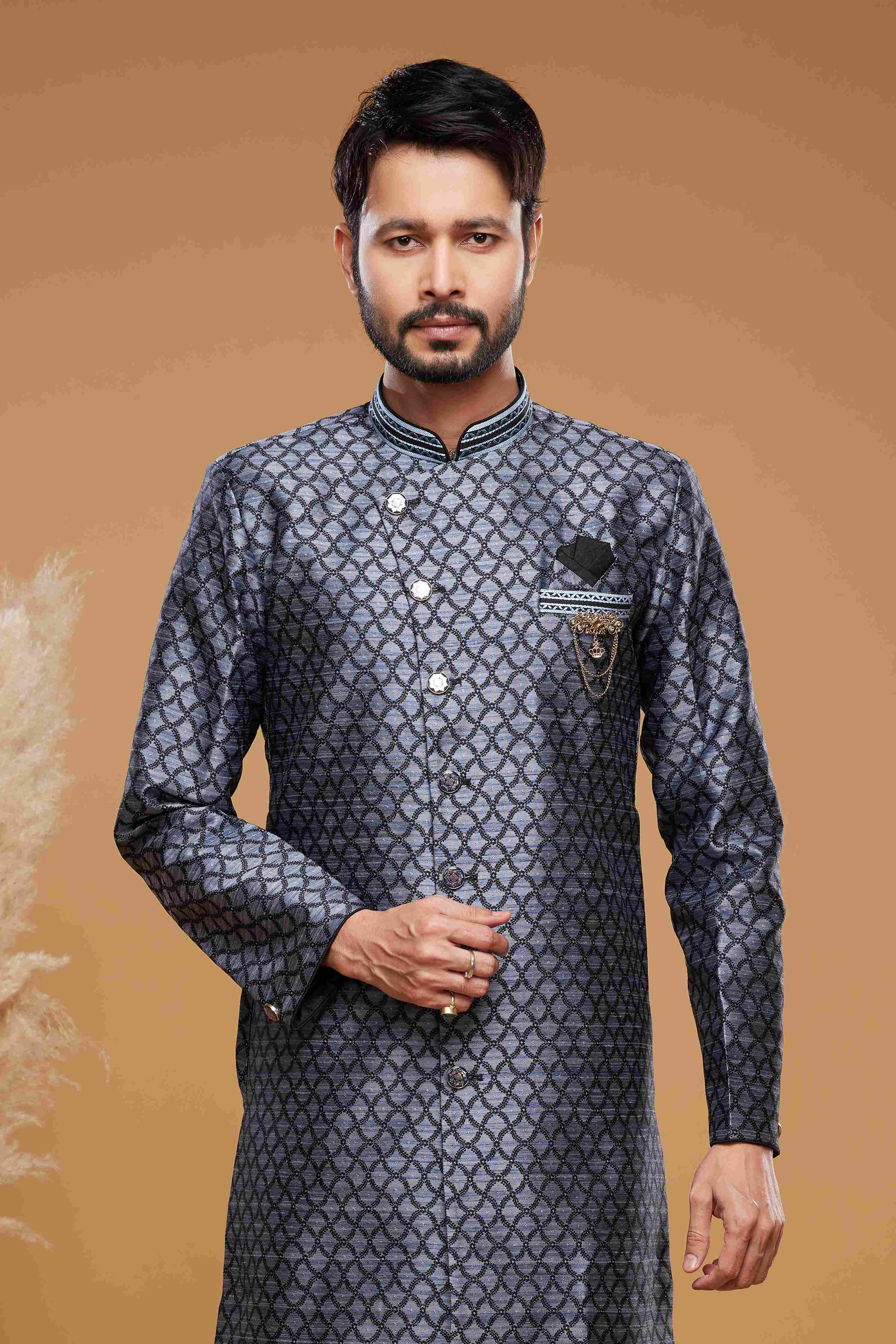 Raivat Ethnic Banarasi Jacquard Embroidery Semi Indo Western Sherwani In Blue Colour