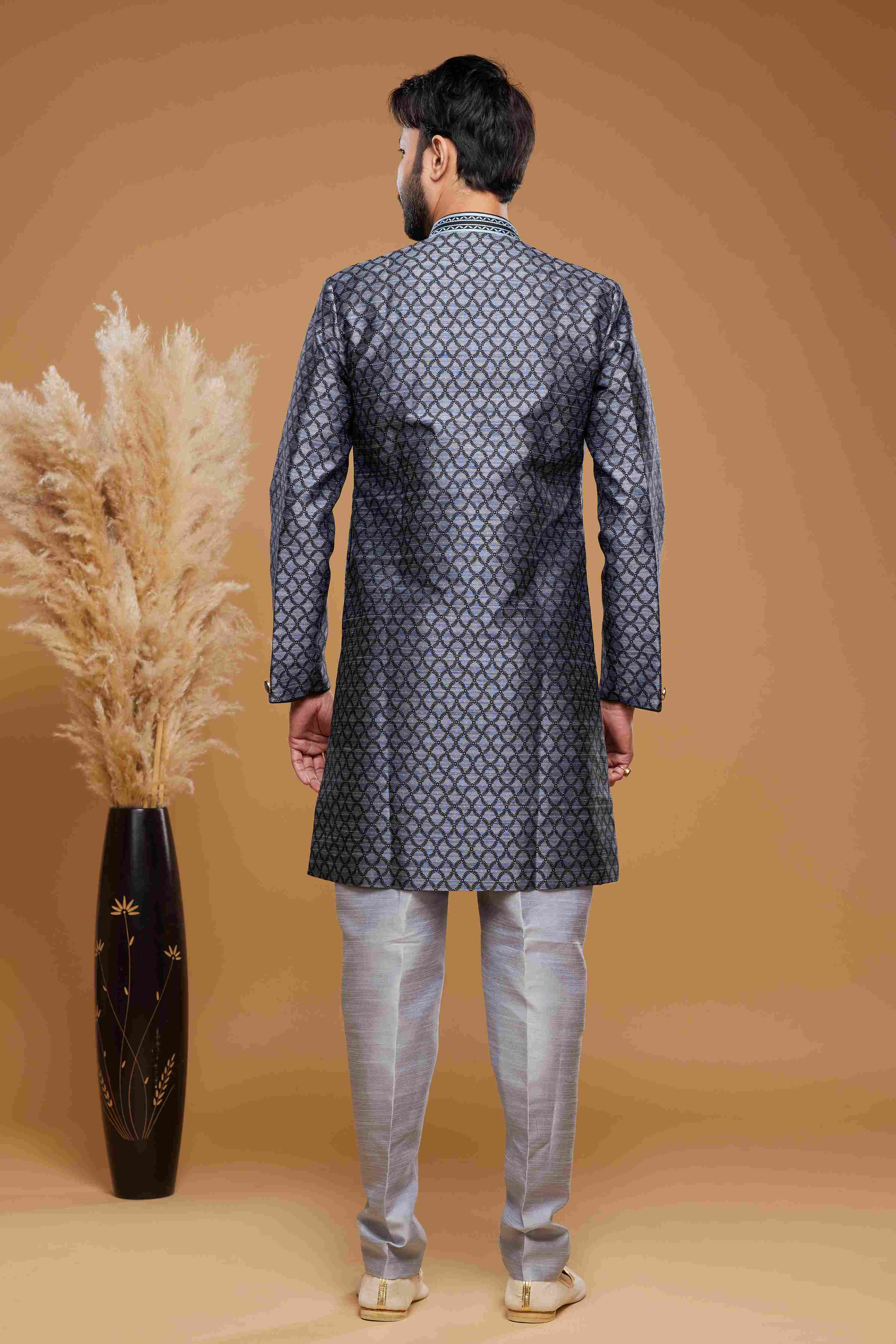 Raivat Ethnic Banarasi Jacquard Embroidery Semi Indo Western Sherwani In Blue Colour