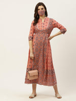 Thumbnail for Juniper Women's Peach Geometric Printed Pure Cotton Maxi Dress With Lace Work - Distacart
