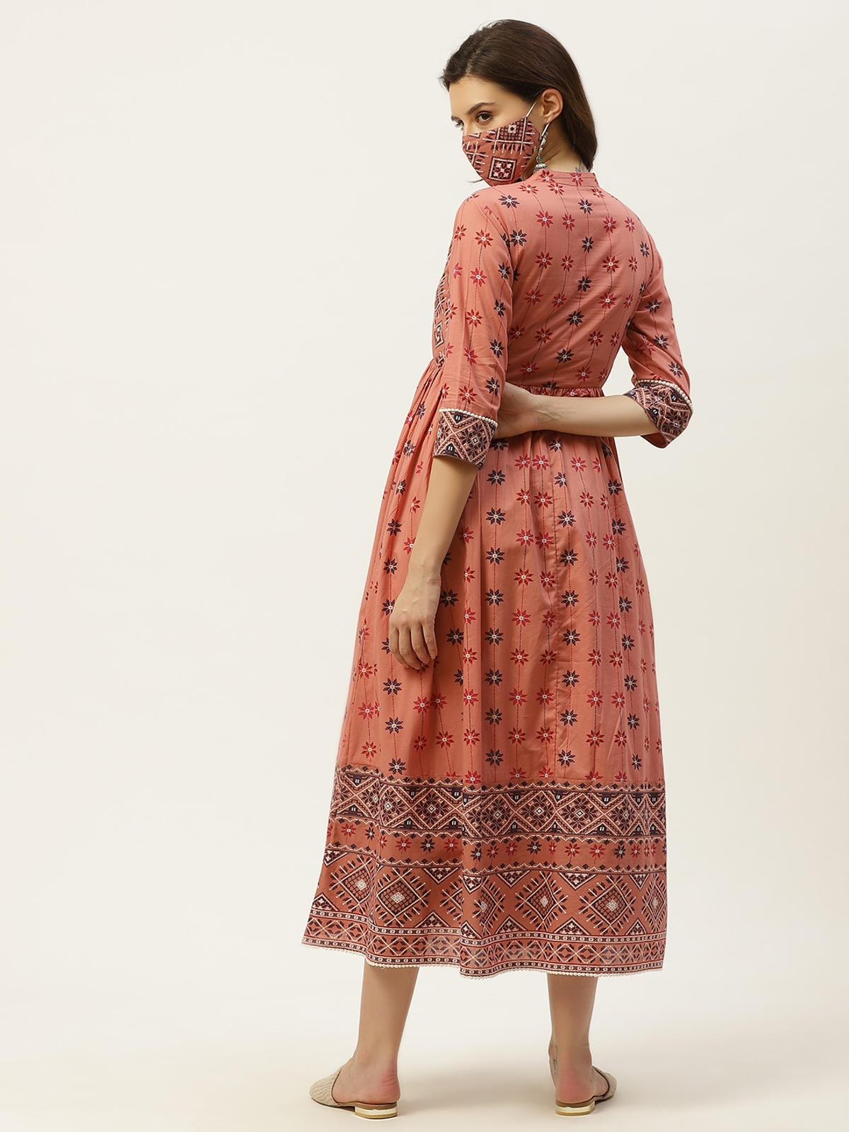 Juniper Women's Peach Geometric Printed Pure Cotton Maxi Dress With Lace Work - Distacart