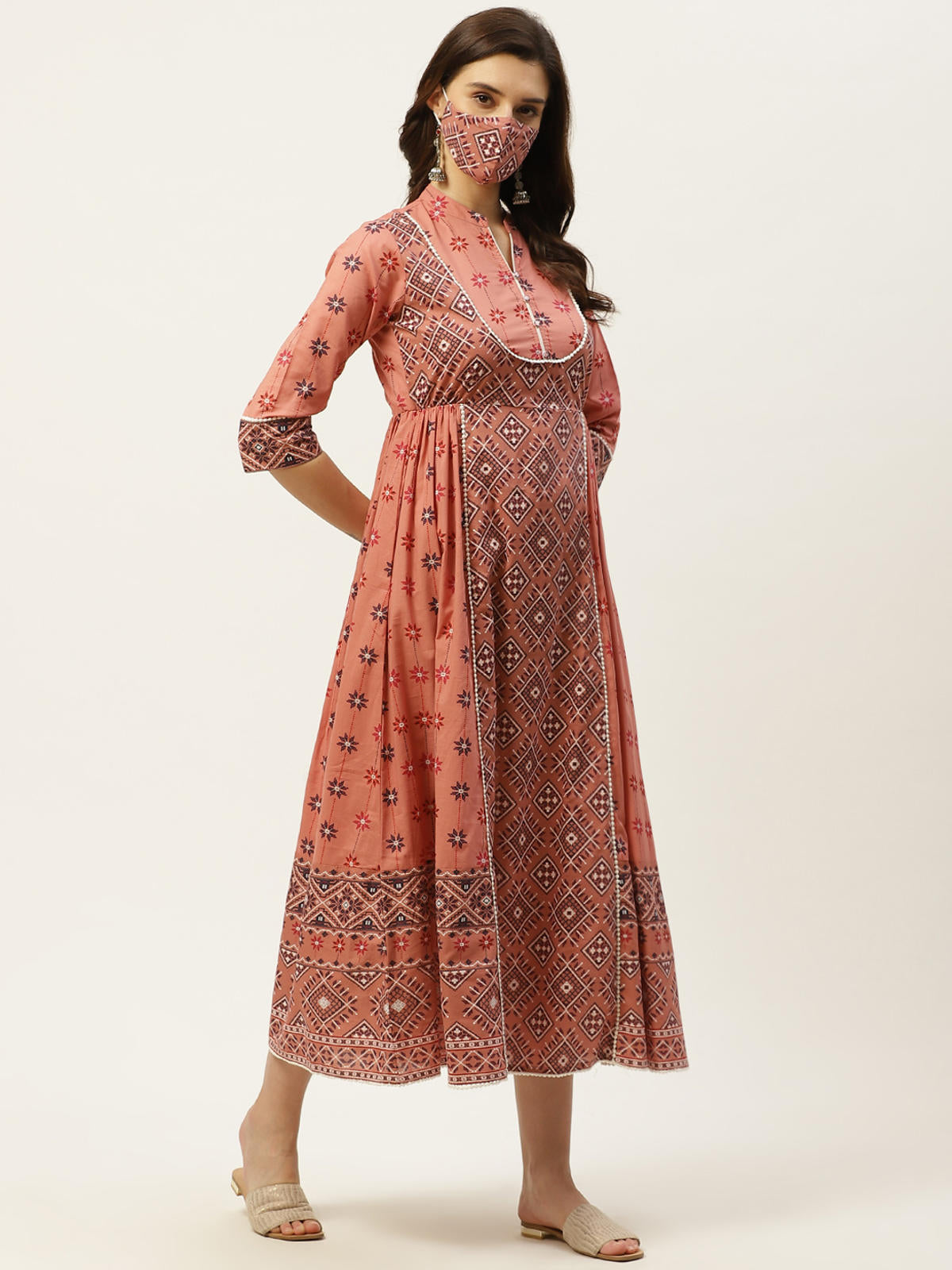 Juniper Women's Peach Geometric Printed Pure Cotton Maxi Dress With Lace Work - Distacart