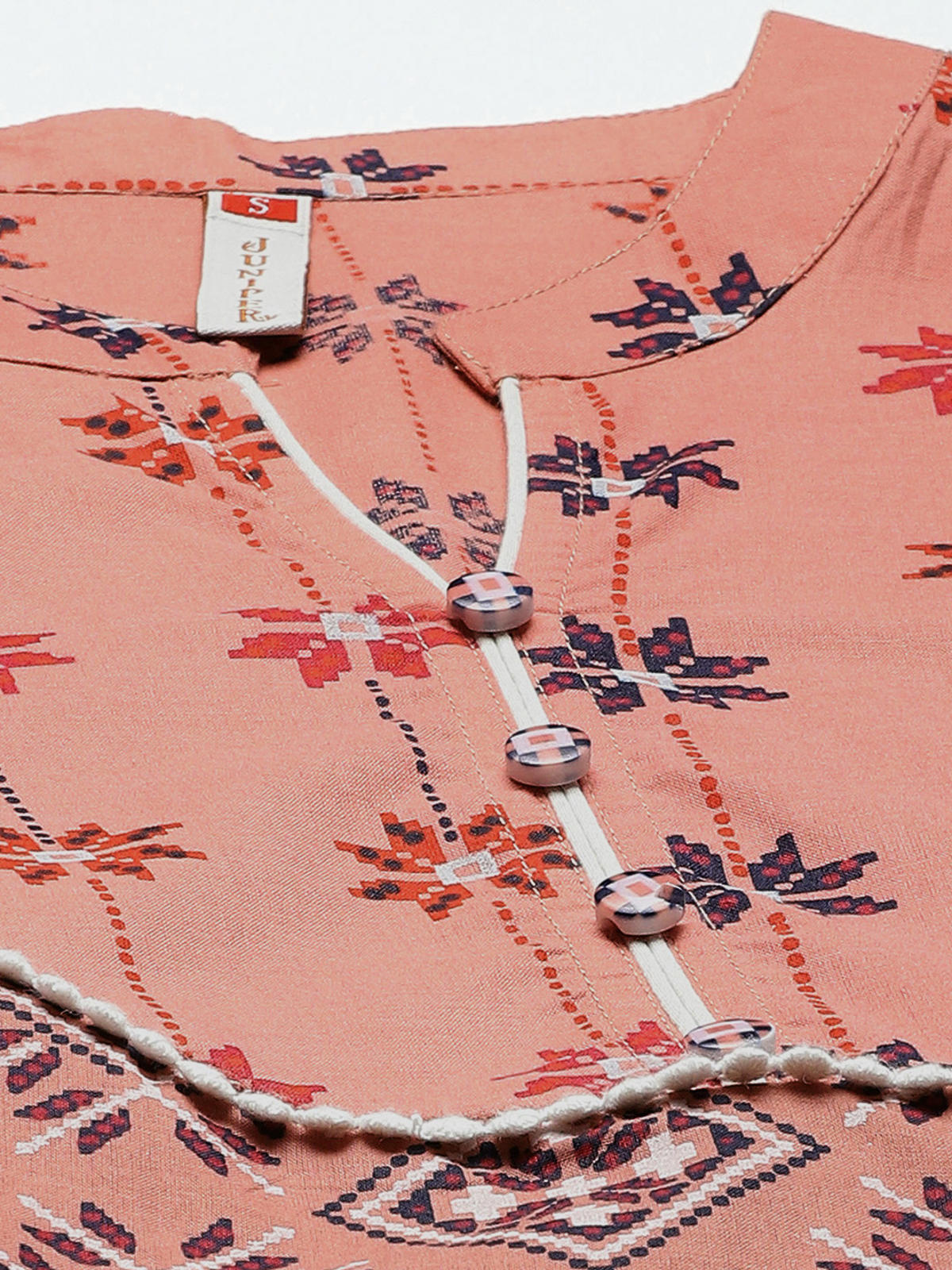 Juniper Women's Peach Geometric Printed Pure Cotton Maxi Dress With Lace Work - Distacart
