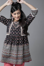 Thumbnail for Juniper Black Ethnic Motif Printed Pure Cotton Peplum Tunic With Lace Work - Distacart