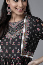 Thumbnail for Juniper Black Ethnic Motif Printed Pure Cotton Peplum Tunic With Lace Work - Distacart