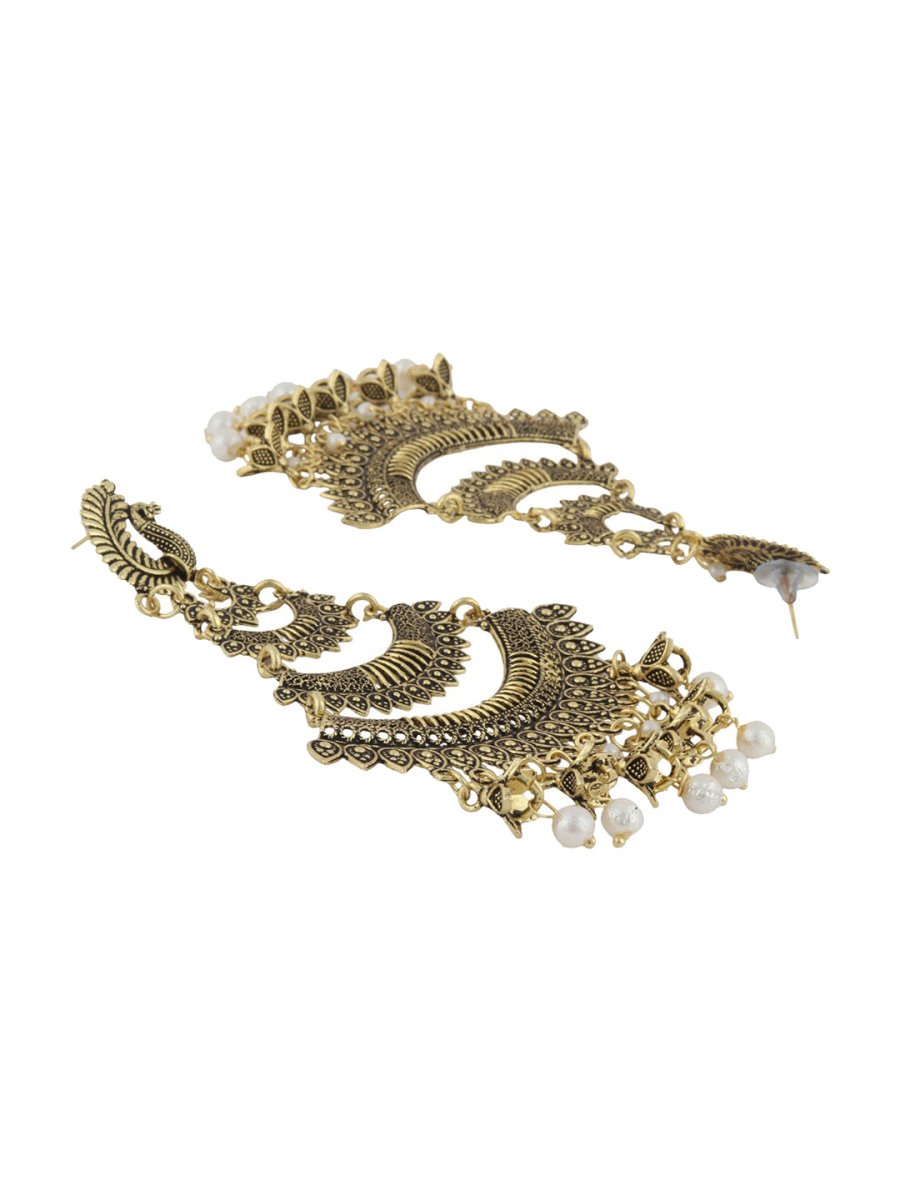 Anikas Creation Gold-Toned & White Peacock Shaped Chandbalis Earrings - Distacart