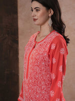 Thumbnail for ADA Women Red & White Chikankari Hand Embroidered Semi-Sheer Straight Sustainable Handloom Kurta - Distacart