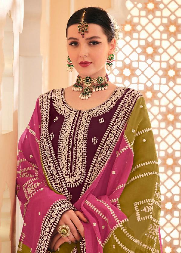 Dazzling Wine Embroidered Chinnon Palazzo Salwar Kurta - Emponline - Distacart