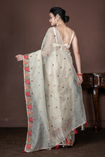 Thumbnail for Morchari Beige Supernet Cross Embroidery Saree Unstitched Blouse