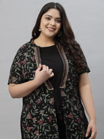 Thumbnail for Sztori Plus Size Floral Printed Mandarin Collar Foil Printed A-Line Kurta With Trouser - Distacart