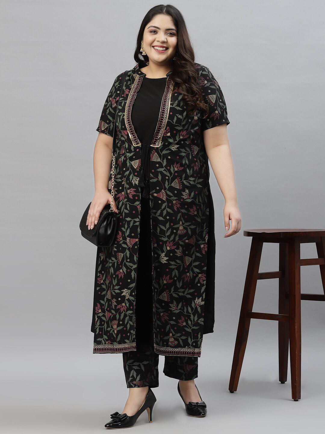 Sztori Plus Size Floral Printed Mandarin Collar Foil Printed A-Line Kurta With Trouser - Distacart