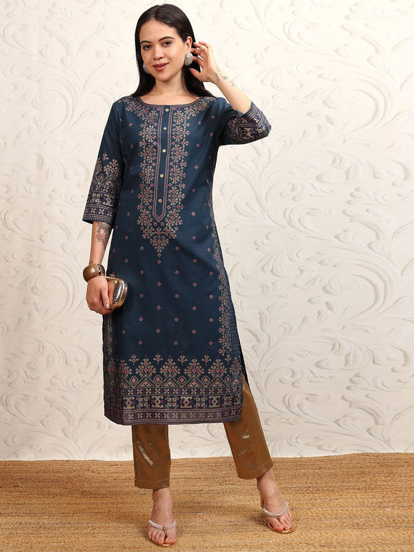 Vishudh Women Navy Blue Printed A-Line Kurta - Distacart