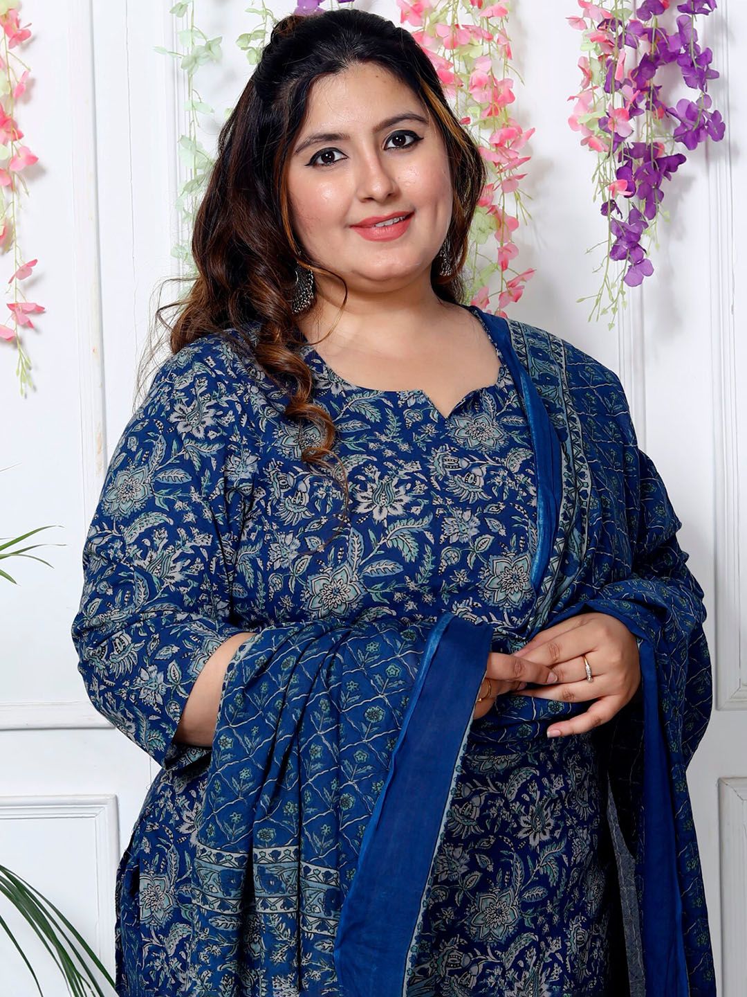 Swasti Plus Size Floral Printed Sequinned Pure Cotton Kurta With Trouser & Dupatta